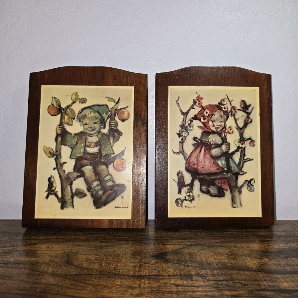 Vintage Set MCM Hummel Wall Plaques Boy & Girl On Trees Wooden Backing Rustic - Picture 2 of 12